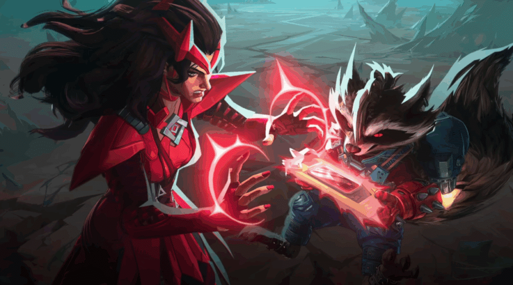 Marvel Rivals Season 3 Throne of Knull in-game cinematic featuring Scarlet Witch and Rocket Raccoon