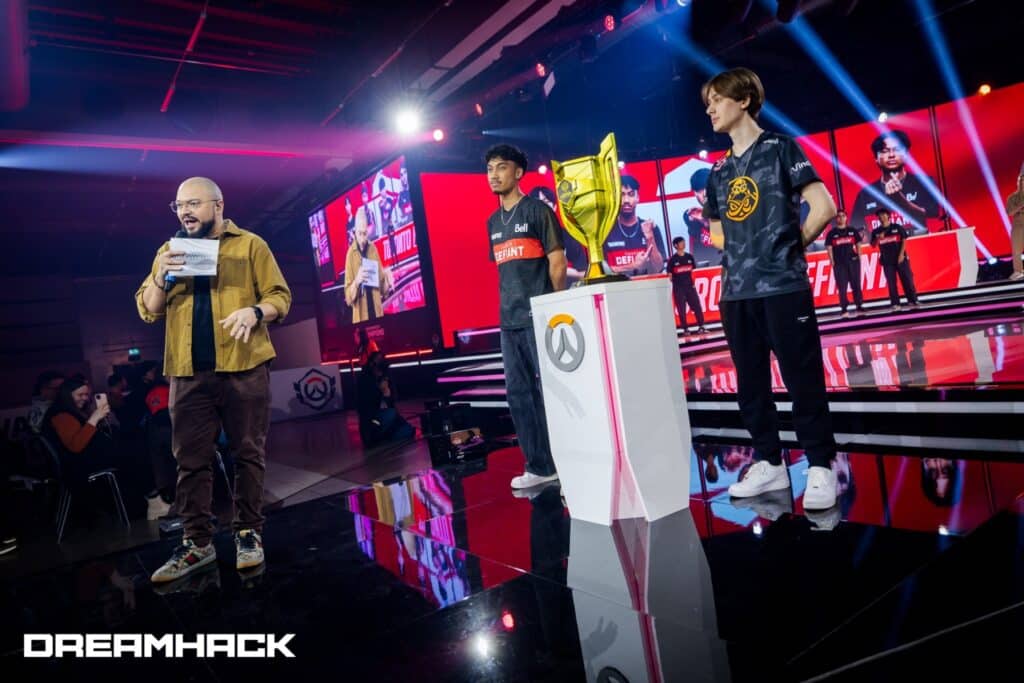 OWCS World Finals at Dreamhack with stage and trophy alongside players and presenter