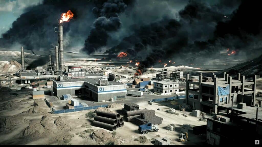 Industrial landscape with dense smoke and fire. A factory with tall chimneys, burning flames, dark clouds, and scattered buildings
