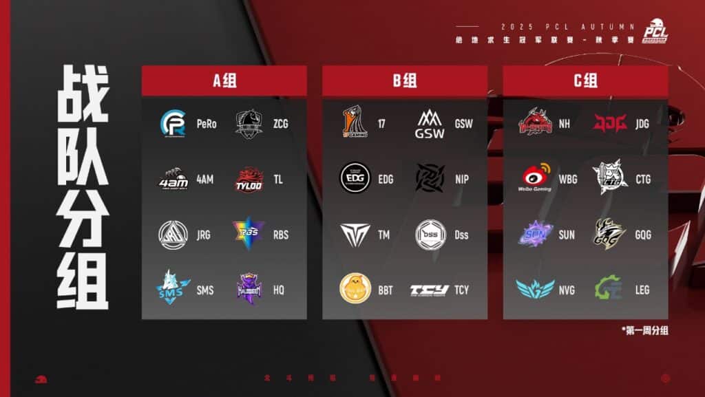 PUBG PCL Fall Split 2025 tournament teams graphic