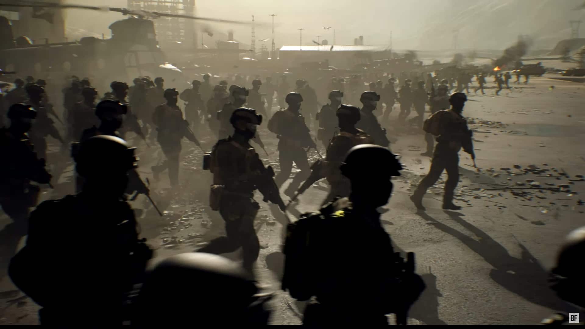 Silhouetted soldiers in Battlefield march in formation on a foggy battlefield, surrounded by debris and a helicopter, conveying urgency and tension