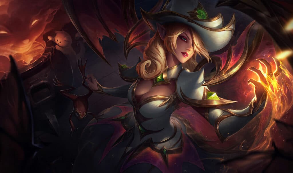 League of Legends Morgana Prestige Bewitching skin with white and gold witch design