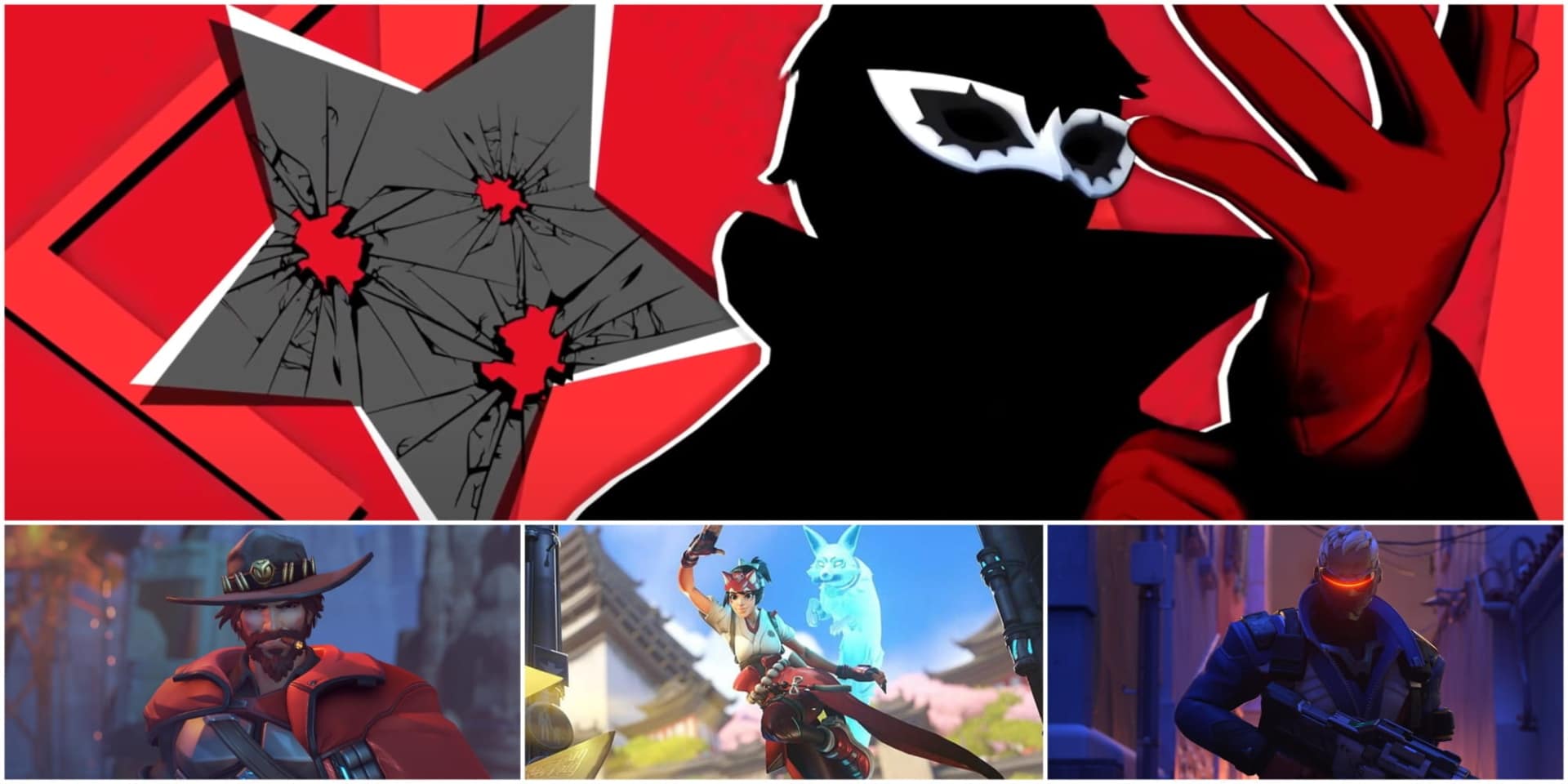 Collage with a red, stylized silhouette of a masked figure and three characters from a video game. Each character is poised with weapons, hinting at action