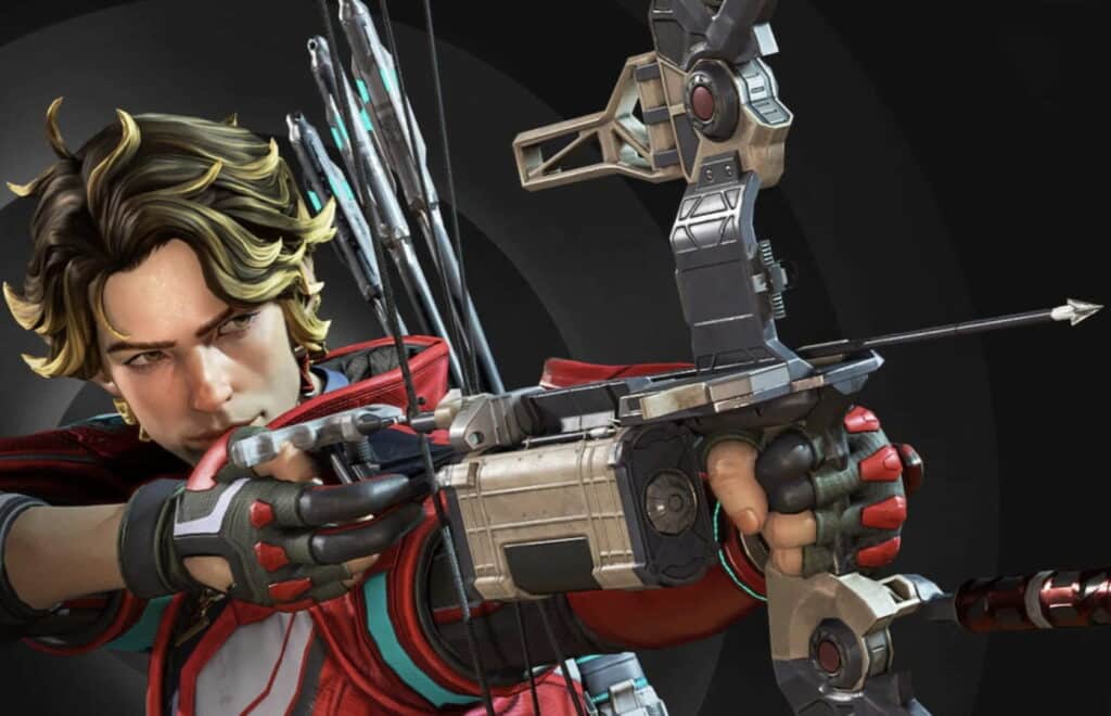 Sparrow with tousled hair aims a high-tech compound bow, poised to release an arrow