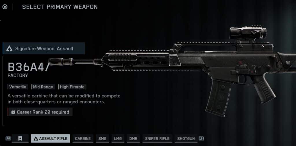 Battlefield menu showing a B36A4 assault rifle. Described as versatile for both close-quarters and ranged comba