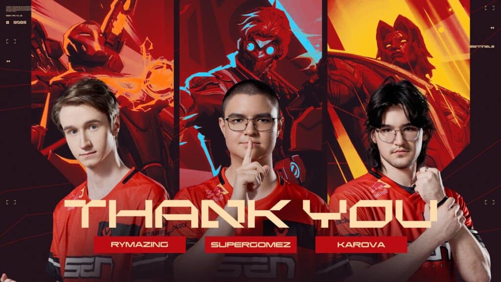 Sentinels Rivals Rymazing, Supergomez, Karova departure graphic