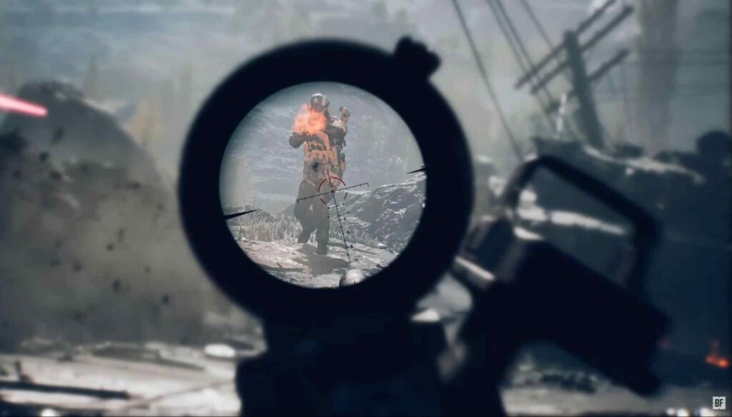 A soldier is locked in the crosshairs of a sniper scope, poised to shoot amidst a chaotic, war-torn landscape.