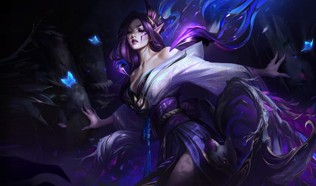 League of Legends Morgana Spirit Blossom skin with ethereal purple and spiritual design