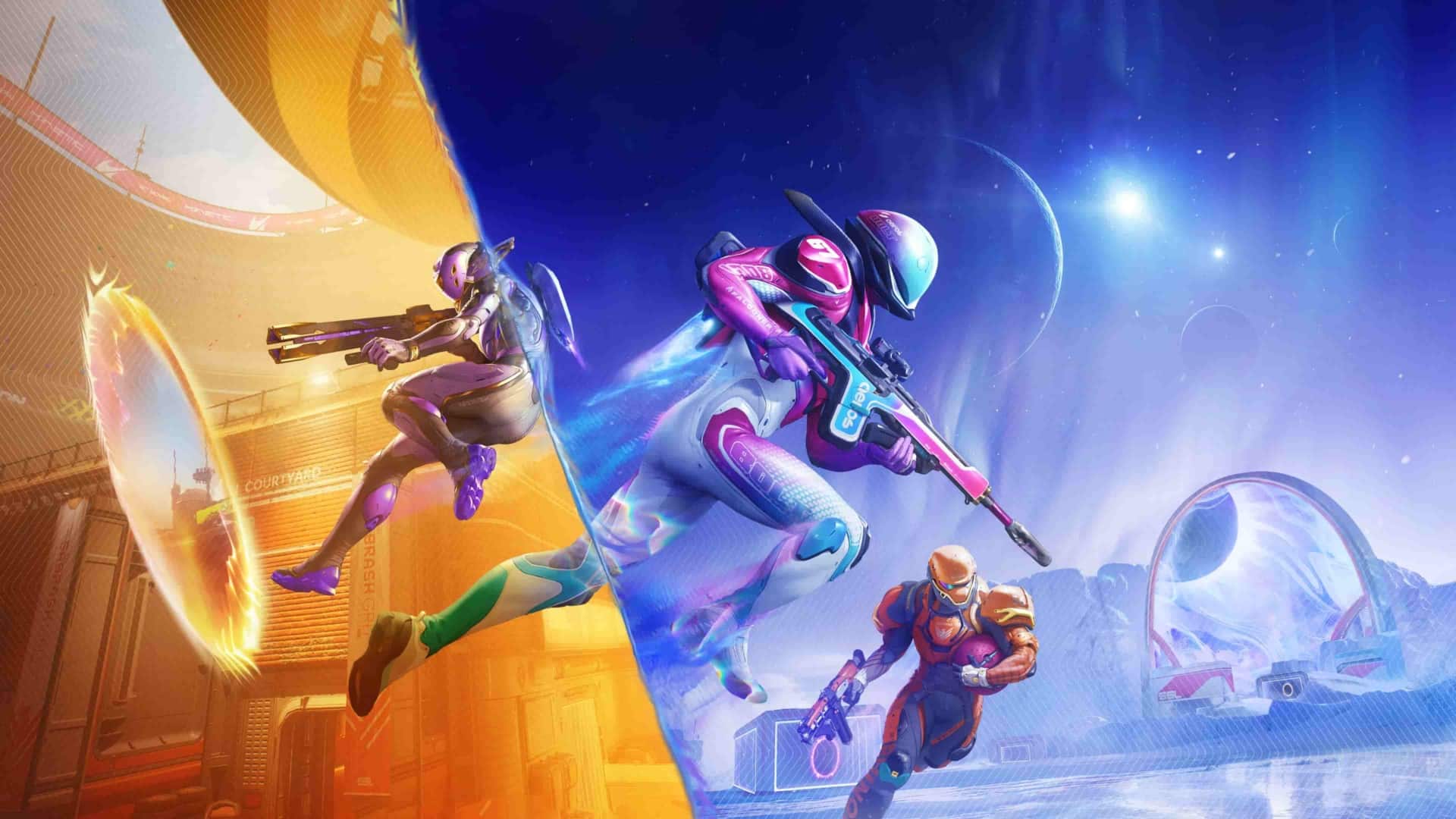 Futuristic warriors in colorful exosuits clash against vivid backdrops