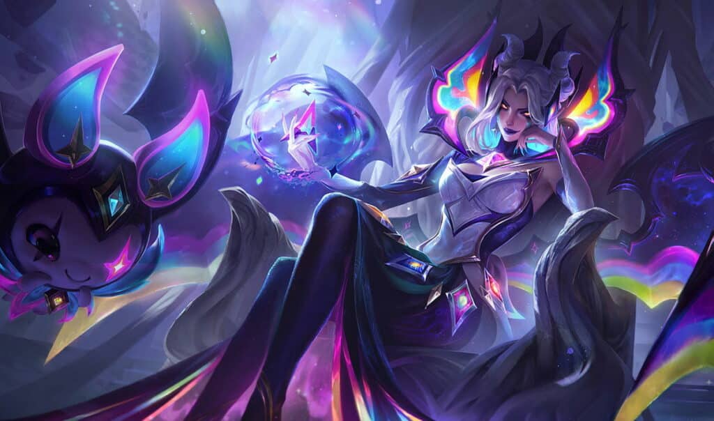 League of Legends Morgana Star Nemesis skin with cosmic villain design and rainbow accents