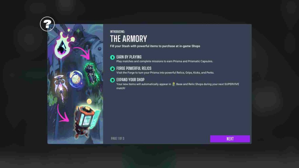 A Supervive's game screen titled "The Armory" explains earning Prisma and Prismatic Capsules by playing. Colorful graphics include various weapons and items.