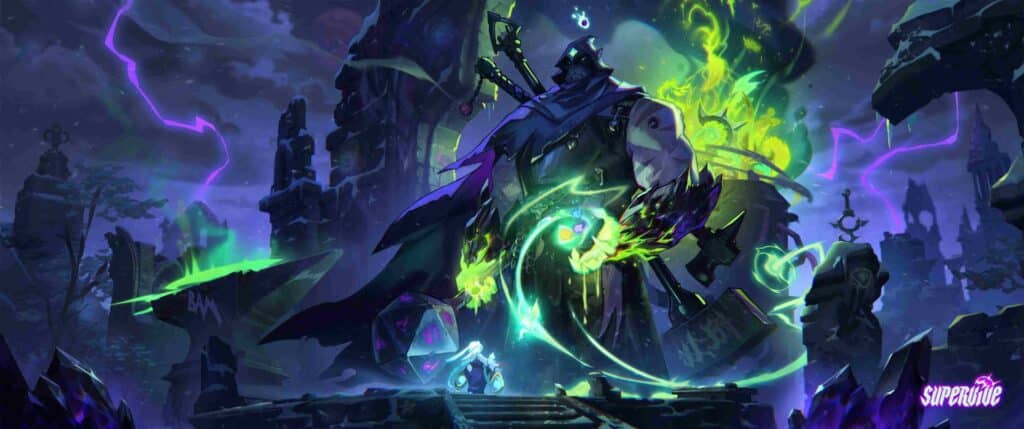 Mysterious hooded figure of Supervive character with glowing neon green and purple energy, surrounded by ruins and stormy skies, evokes a dark, magical atmosphere.