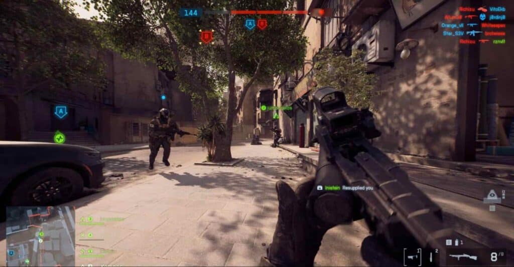 Battlefield PC game screenshot depicting intense action amidst a war-torn landscape.