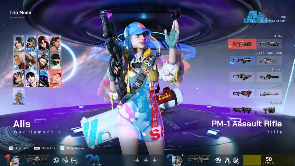 A futuristic game character selection screen features a vibrant, armored female with blue hair holding a large gun