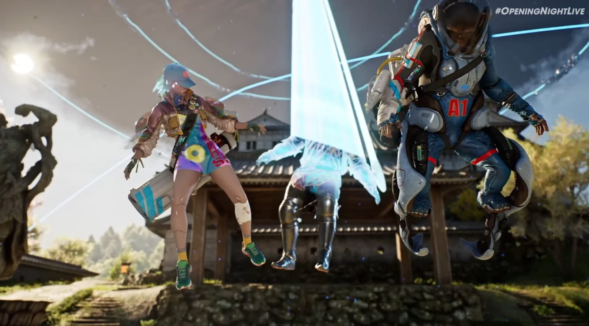 Three futuristic characters in colorful outfits appear suspended in mid-air, with a digital beam above a traditional building