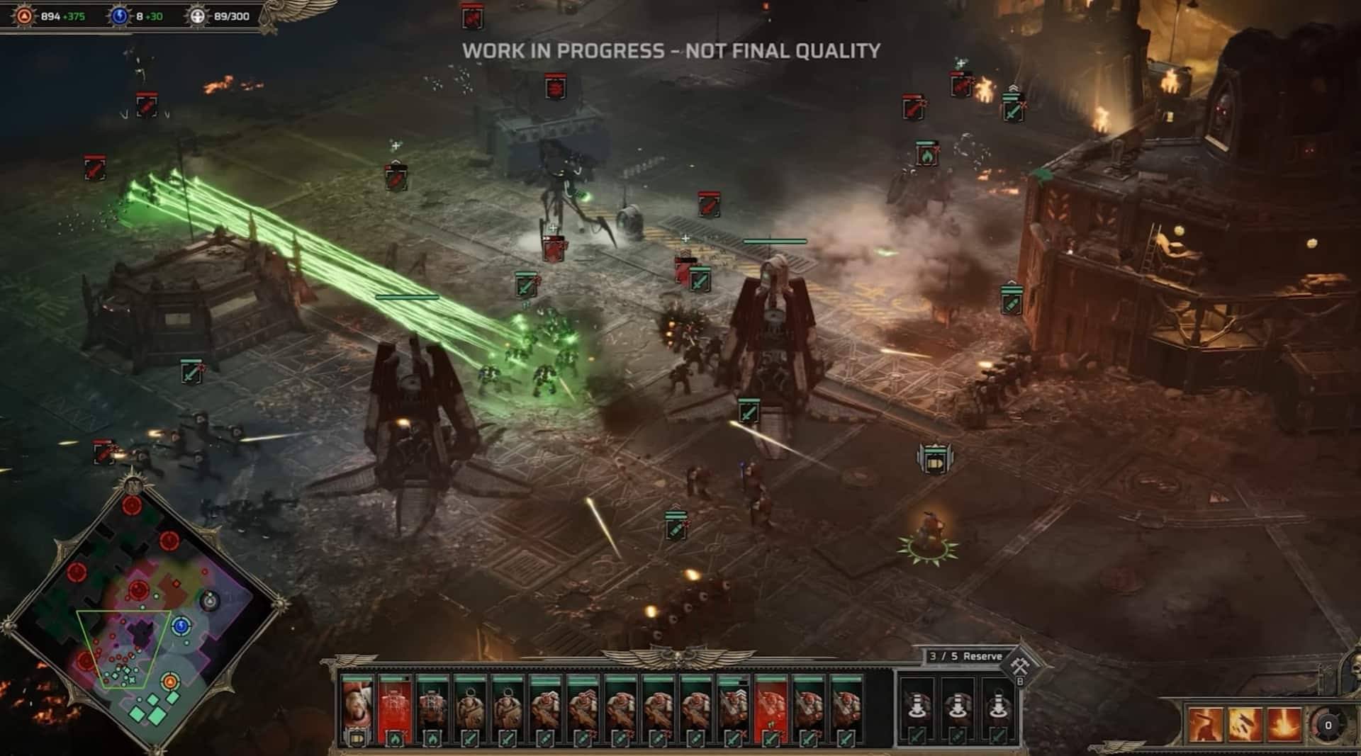 Screenshot of Dawn of War 4 in progress. The scene features a dark, industrial environment with mechanical units and combat elements