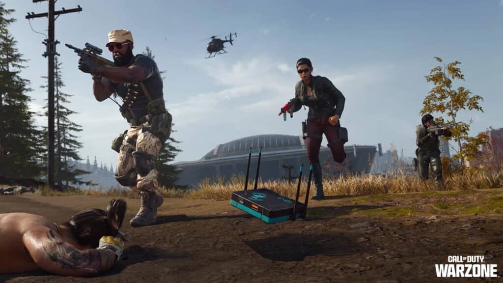 Call of Duty: Warzone scene with armed soldiers battling, a helicopter overhead, a fallen soldier, a blue device, and a domed building in a forested area