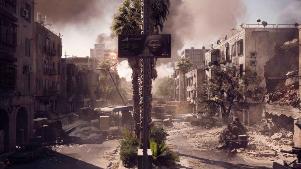 Deserted city street engulfed in smoke, with damaged buildings, scattered debris, and palm trees amidst a scene of destruction.