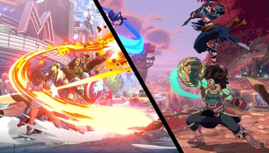 Dynamic split-screen illustration of action-packed Marvel Tokon characters battling, featuring vibrant colors and explosive effects.