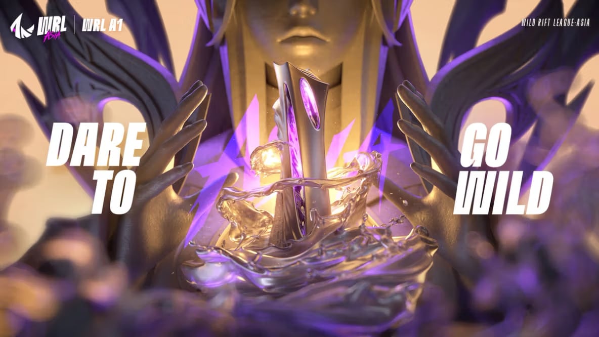 Promotional image for Wild Rift League Asia featuring an intricate statue holding a futuristic trophy