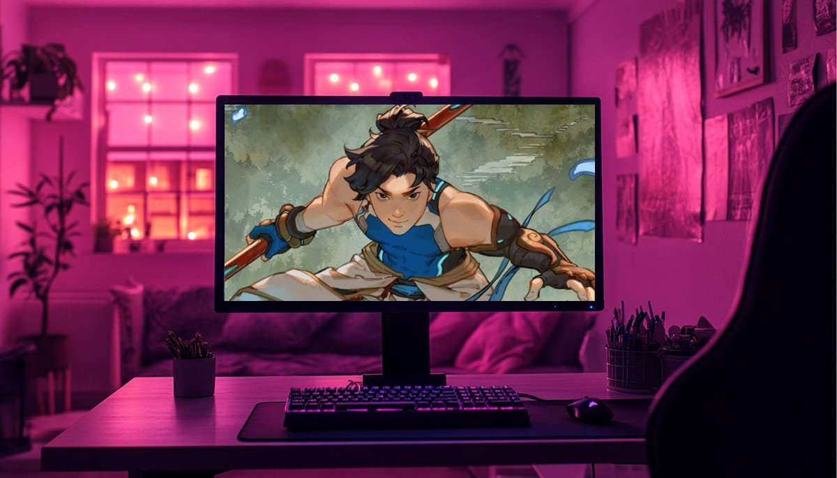A computer screen displays an intense, dynamic animated character in a gaming room lit by pink lights