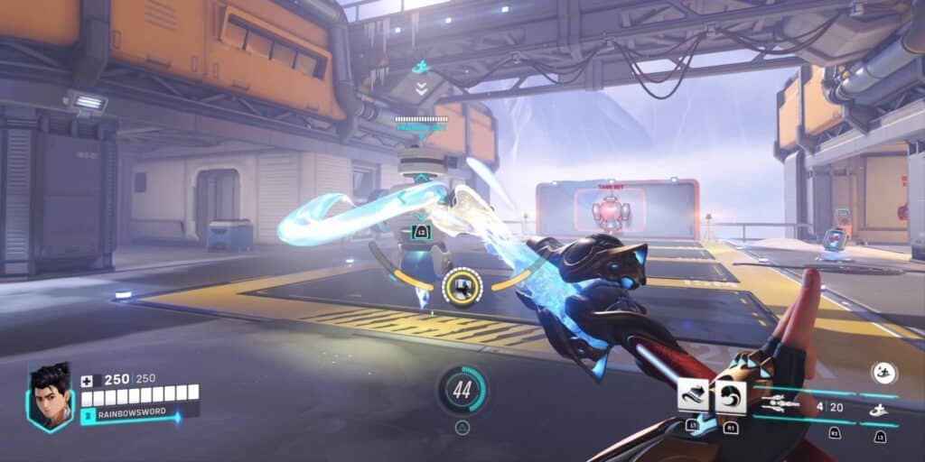 Overwatch scene depicting a player with a bow shooting an arrow at a training robot in a futuristic training facility