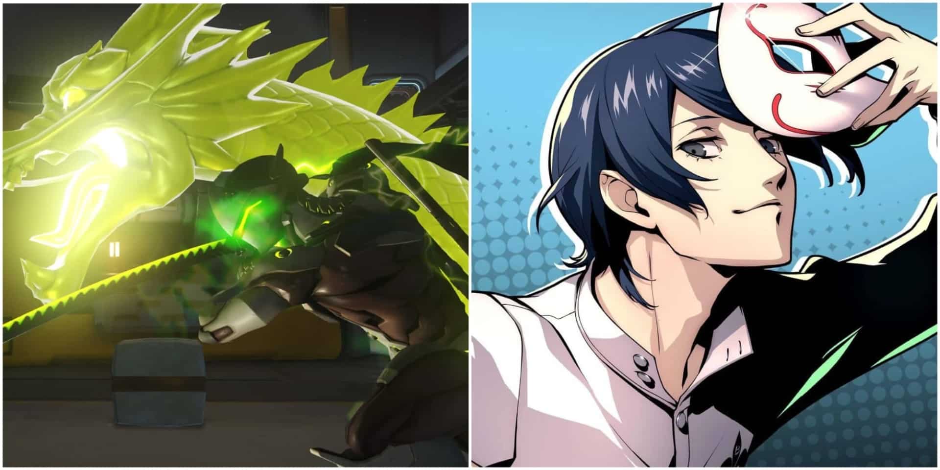 Split image: Left shows an armored character wielding a glowing green sword and a luminous dragon; right features an anime-style character with dark hair, holding a mask