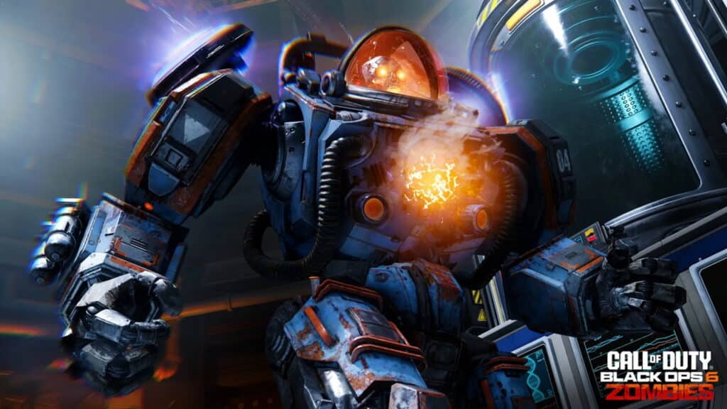 A powerful zombie mech with glowing eyes and a fiery core featured in *Call of Duty: Black Ops 6 Zombies
