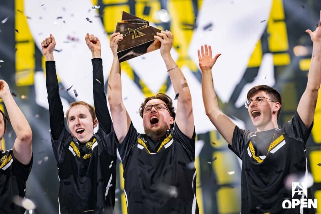 Team Vitality CS2 team lifting BLAST Open Lisbon trophy.
