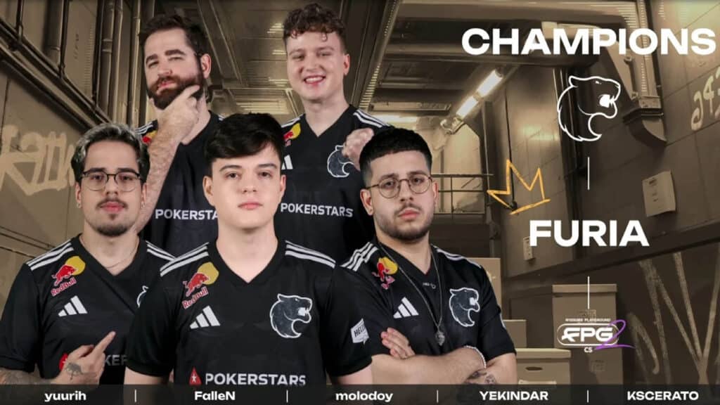 FURIA Counter-Strike 2 team posing on a golden background.