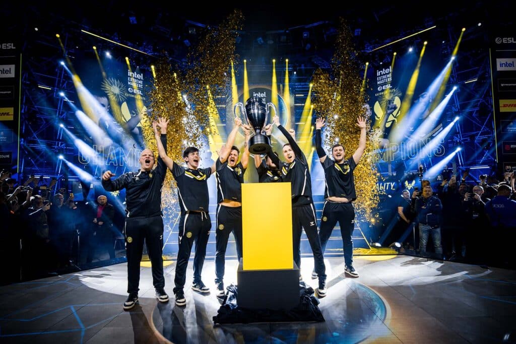 Team Vitality CS2 team lifting IEM Katowice 2025 trophy.