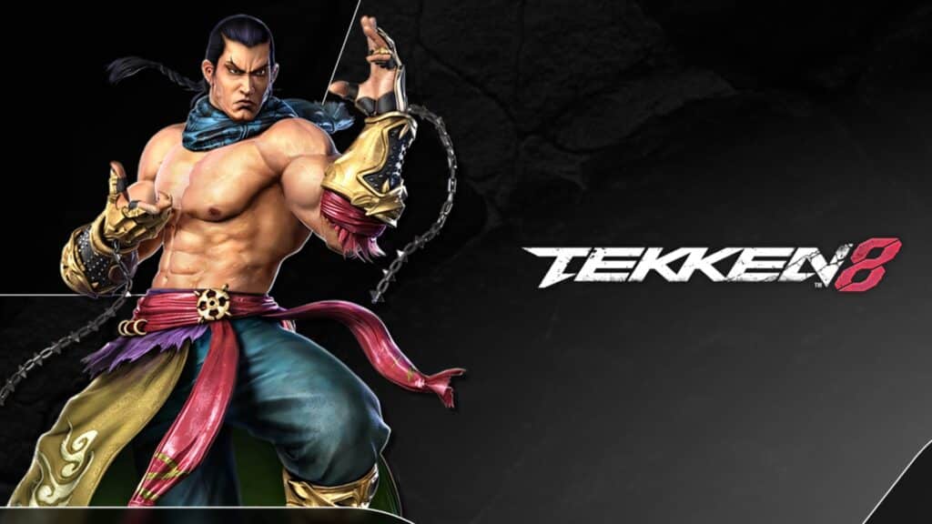 Image of Tekken 8 character posing on a black and white background. The Tekken 8 logo is on the right hand side of the character on a black background