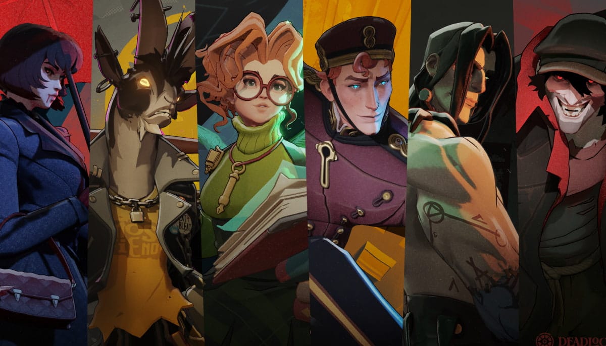 A colorful, stylized lineup of six diverse characters, each adorned in unique attire, exuding an adventurous and mysterious vibe