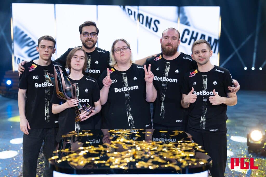 Team Spirit CS2 posing on stage at PGL Astana 2025.