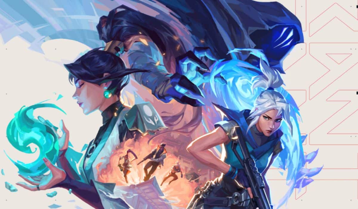 A dynamic illustration features three characters in action poses. One holds a blue-green energy orb, another wears a dark cloak with blue energy, and the third wields a weapon