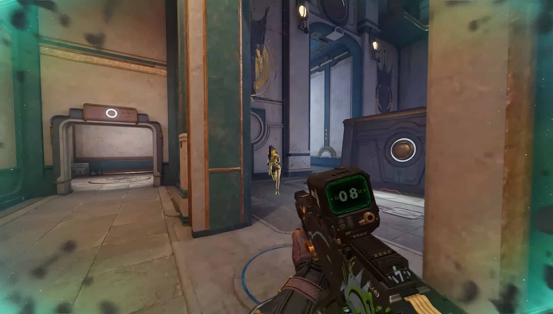 FragPunk scene showing a futuristic gun aiming at an armored figure in a metallic corridor