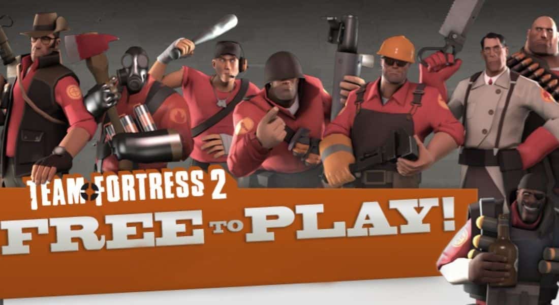 Team Fortress 2 characters in red uniforms stand confidently above bold text reading 'Free to Play!' The scene is dynamic and playful