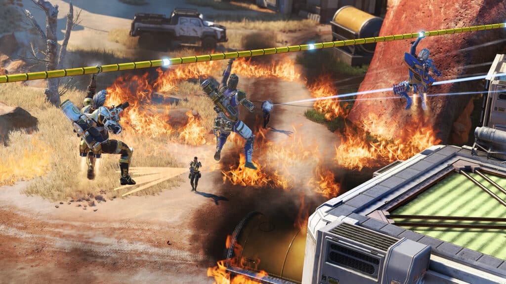 Apex Legends Season 26 three Fuse players on a zipline in Wildcard mode n