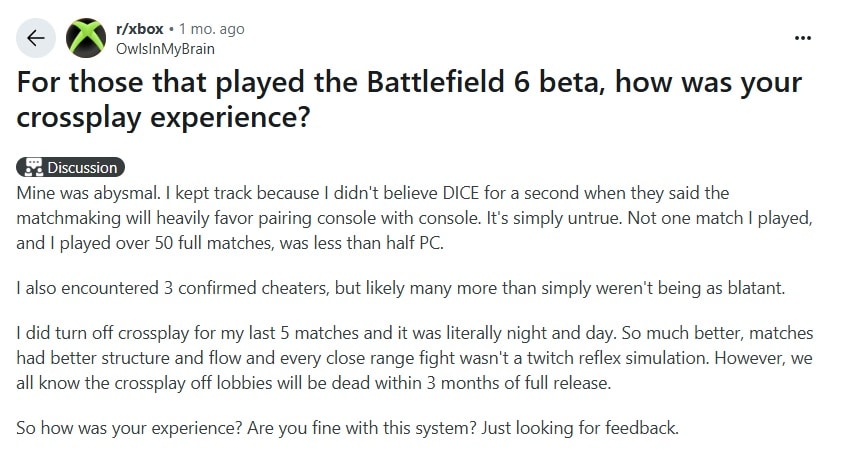 Cattura dello schermo di un post di Reddit chiedendo un'esperienza di gioco Beta Cross Battlefield 6 Beta, in cui l'utente descrive questioni negative di accoppiamento e trap.z