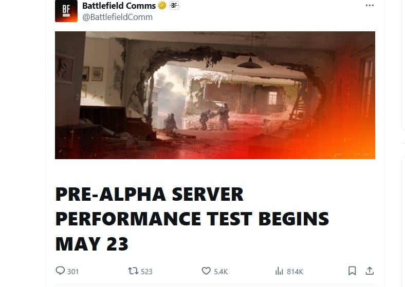 Le comunicazioni ufficiali di tweet di Battlefield annunciano il test del server pre-Alfa Battlefield 6 dal 23 maggio, con un'immagine di soldati che si muovono attraverso un edificio distrutto.