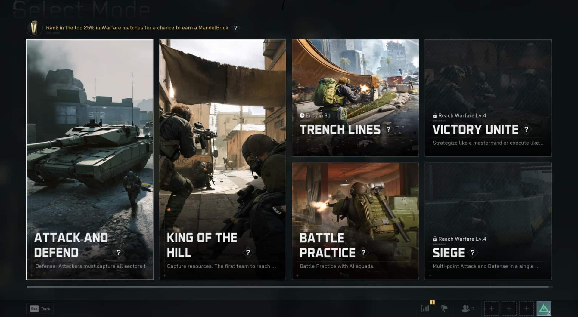 Ein Auswahlbildschirm für Spielmodus mit sechs Optionen mit Bildern mit Action-Thema: "Angreifen und verteidigen," "König des Hügels," "Grabenlinien," "Siegeinheit," "Kampfpraxis," Und "Belagerung." Jeder Modus verfügt über bewaffnete Soldaten oder Militärfahrzeuge, die ein Gefühl von Intensität und Strategie vermitteln