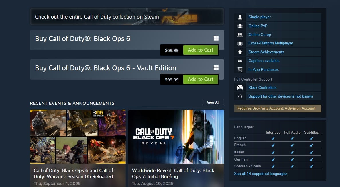 Pagina Steam che mostra i giochi di Call of Duty in vendita, con prezzi per Black Ops 6 e Vault Edition. Elenca le caratteristiche del gioco e le lingue compatibili