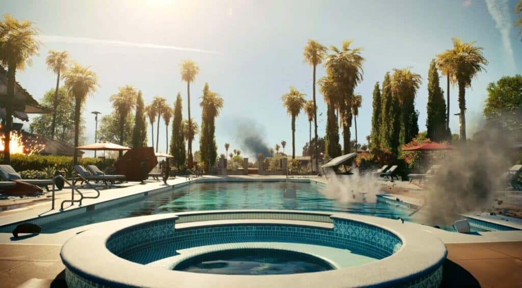 Battlefield 6 Battle Royale Gameplay Screen Capture che mostra una distruzione esplosiva in un pool, sottolineando l'approccio innovativo di EA per rivale Fortnite.