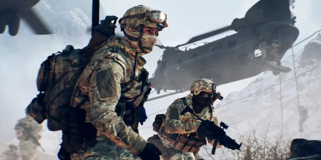 Soldati armati a Battlefield 6 con elicottero in background