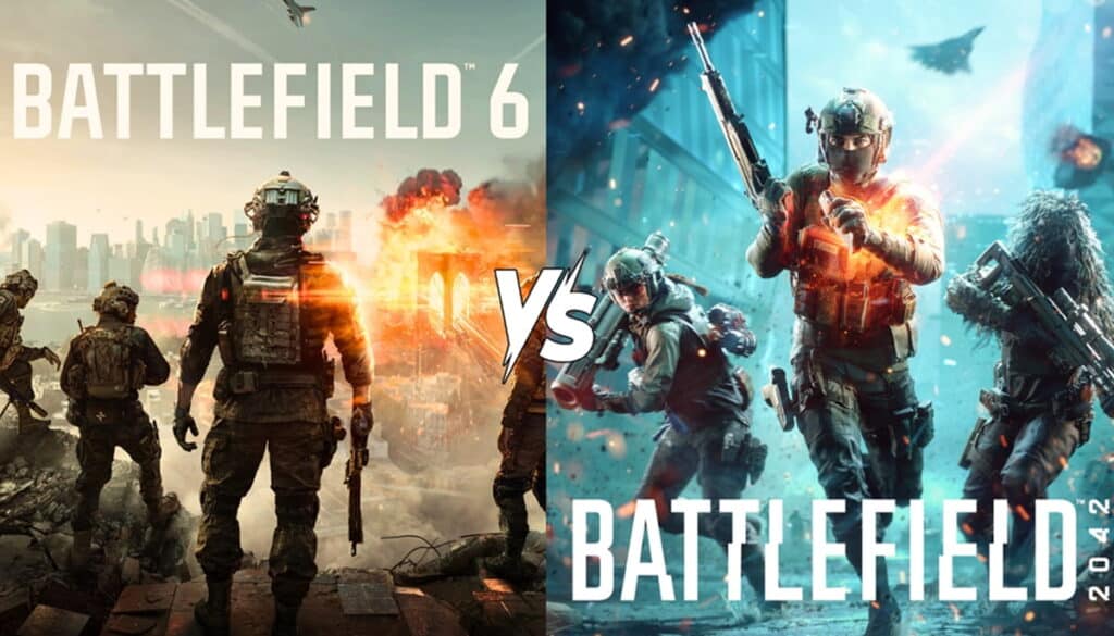 Split image showing Battlefield 6 soldiers on left and Battlefield 2042 soldiers on right with VS text.