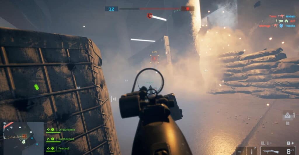 First-person view aiming rifle at objective in Battlefield 6 with smoke and explosions.