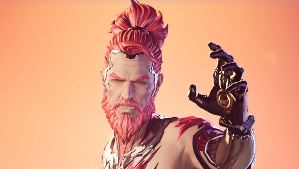 Personaggio maschile con capelli rosa e barba che alza la mano robotica in opere d'arte Fragpunk