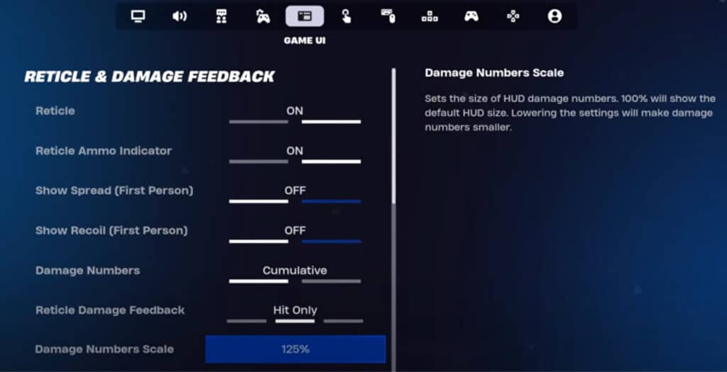 Menu di configurazione dell'interfaccia utente Fortnite intitolato