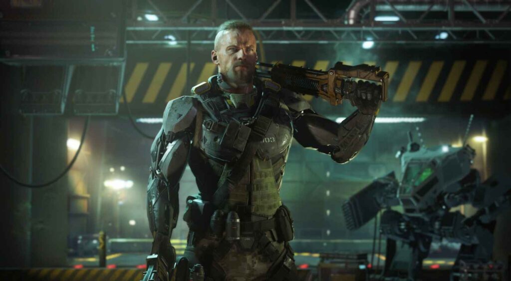 Call of Duty: Black Ops 3 Soldier in Advanced Exo-Suit con arma