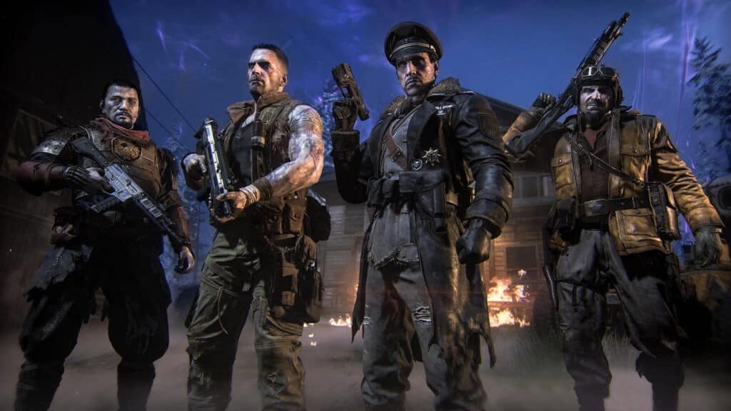 Four soldiers standing with weapons in dark gritty Black Ops 7 setting
